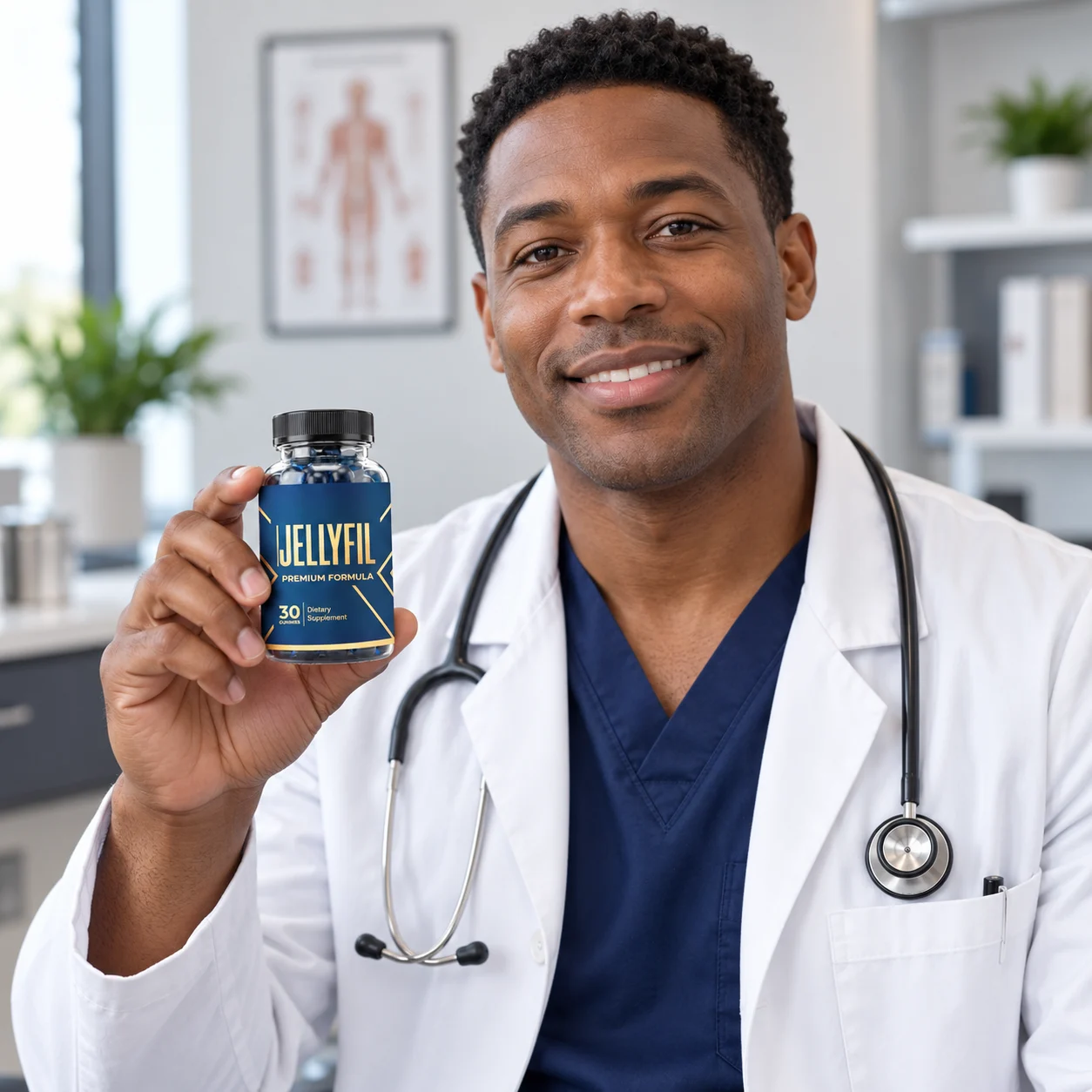 Physician holding JellyFil men's vitality gummies